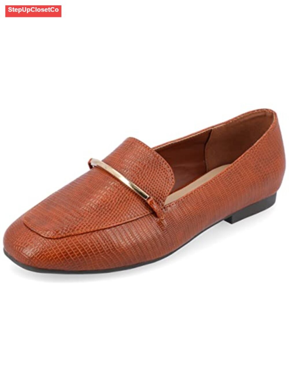 Wide Width Loafer Flat Square Toe Slip-On Block Heel Faux Leather